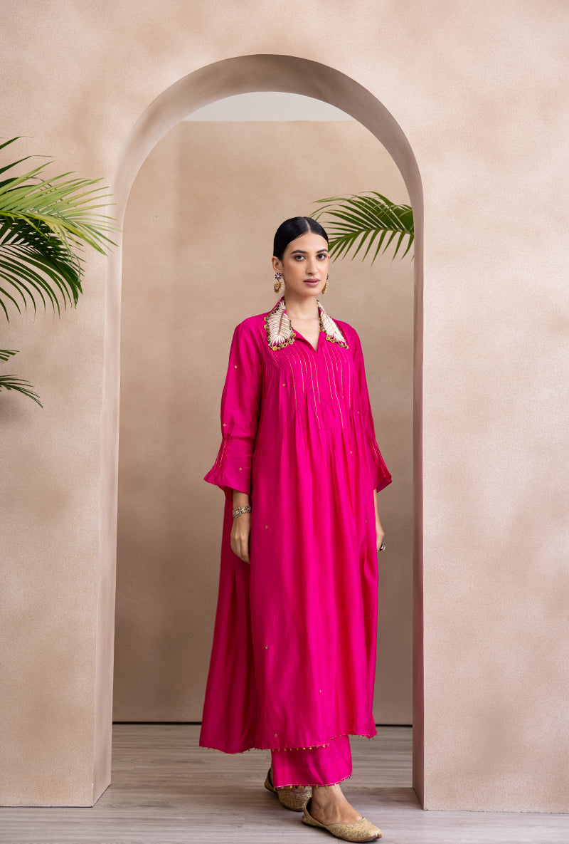 Pink Pankh Collar Pintex Adhira Kurta Set