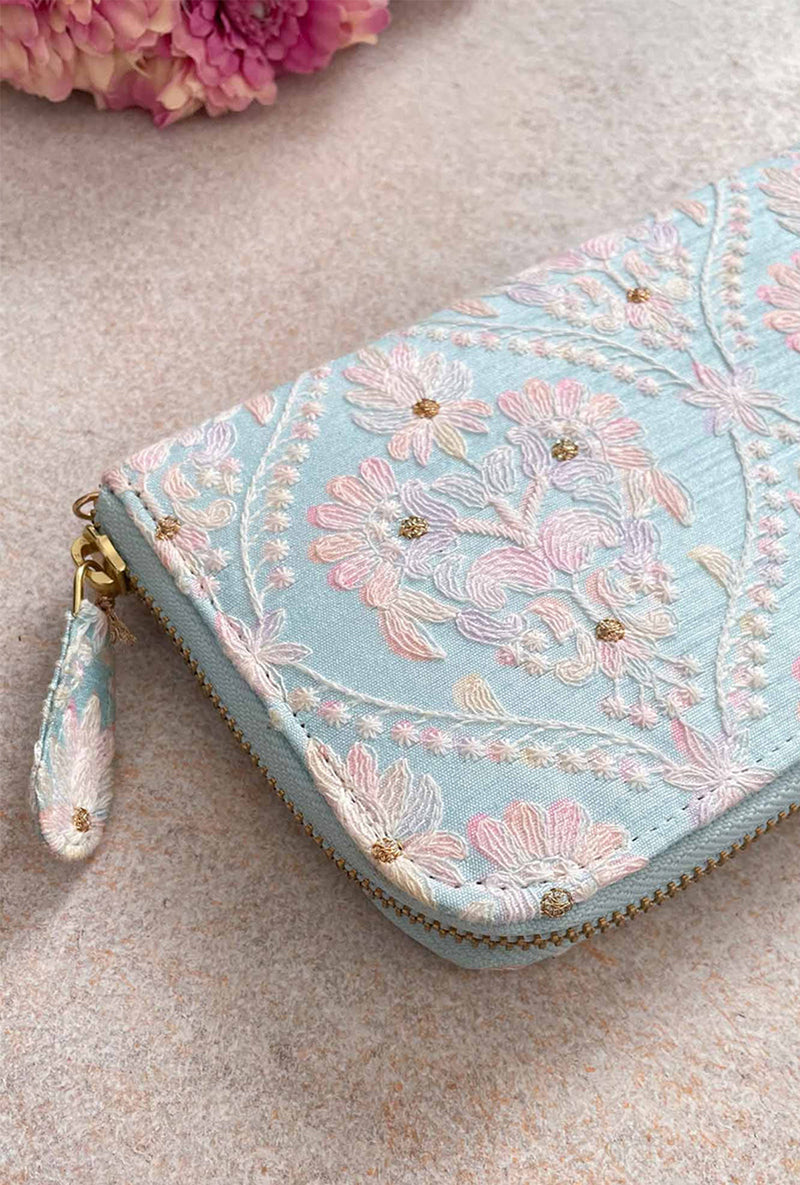 Baby Blue Anaqat Silk Embroidered Wallet