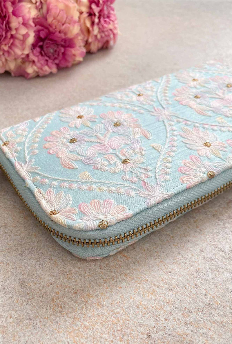 Baby Blue Anaqat Silk Embroidered Wallet