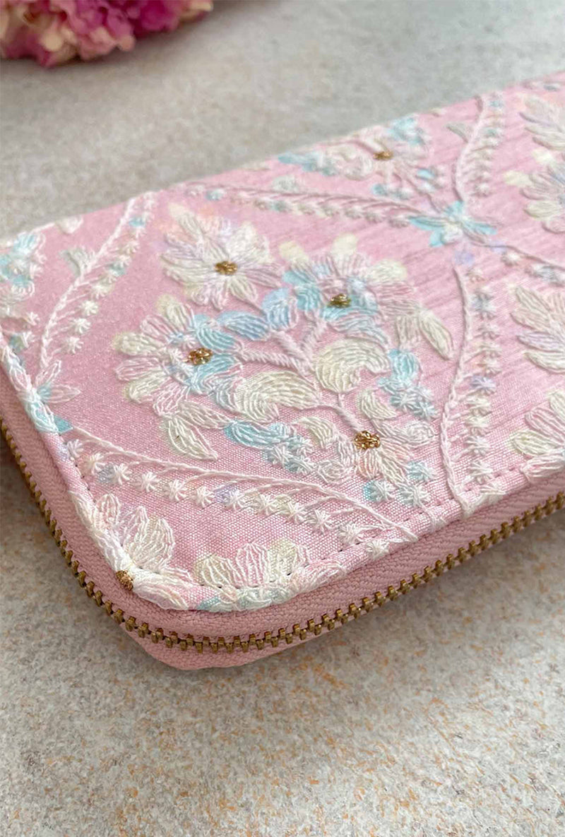 Baby Pink Anaqat Silk Embroidered Wallet