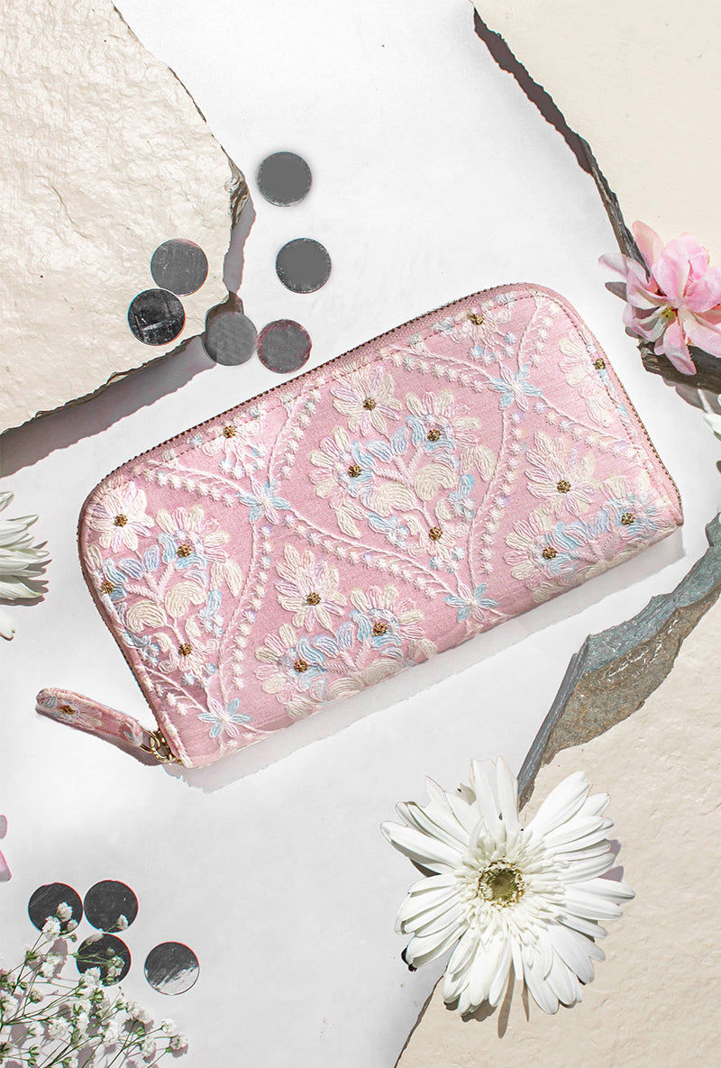 Baby Pink Anaqat Silk Embroidered Wallet