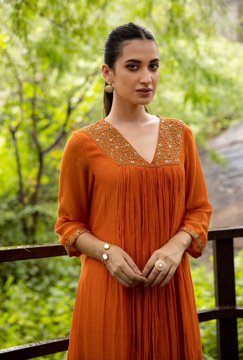 Orange Front Pleat Kurta Set