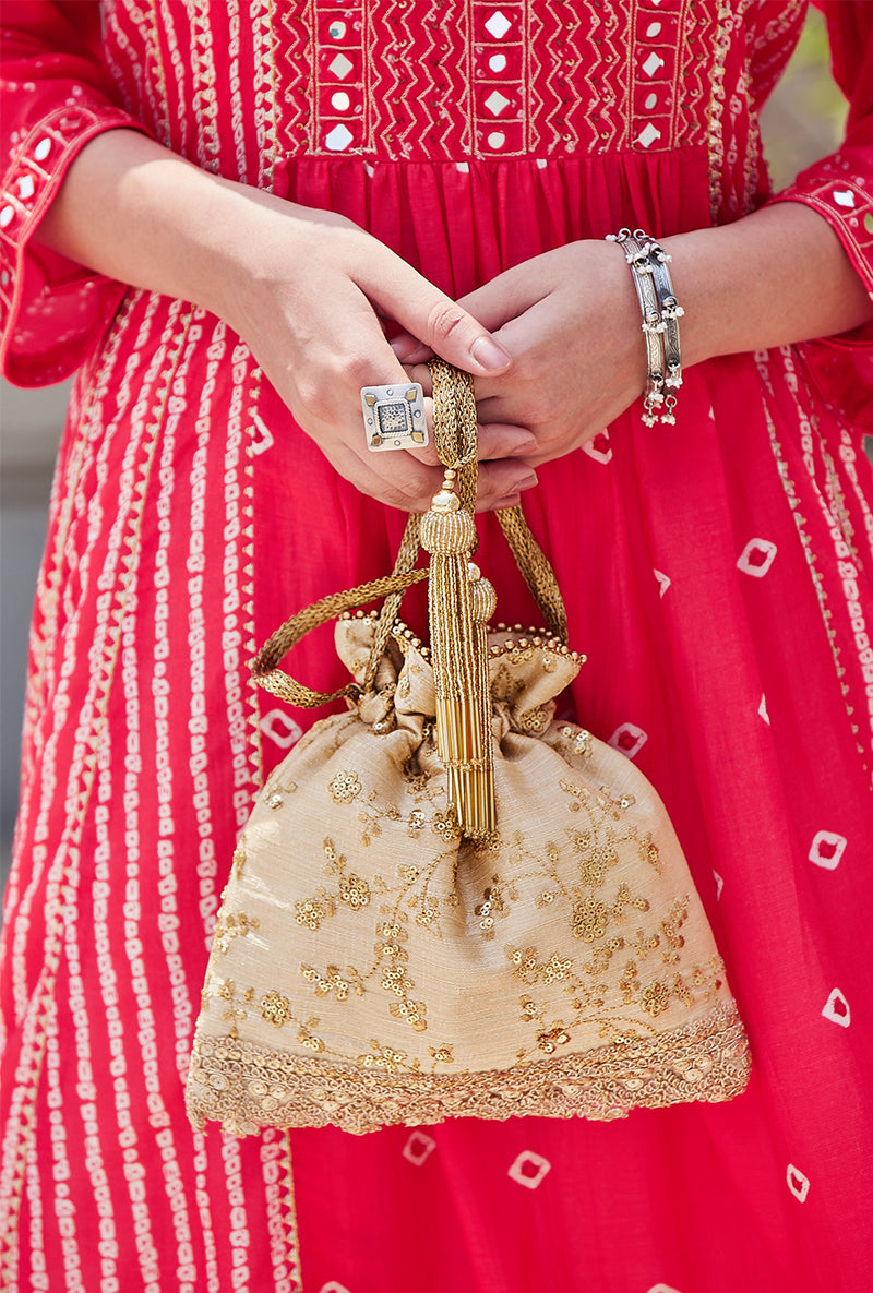 Beige Alia Silk Embroidered Potli Bag