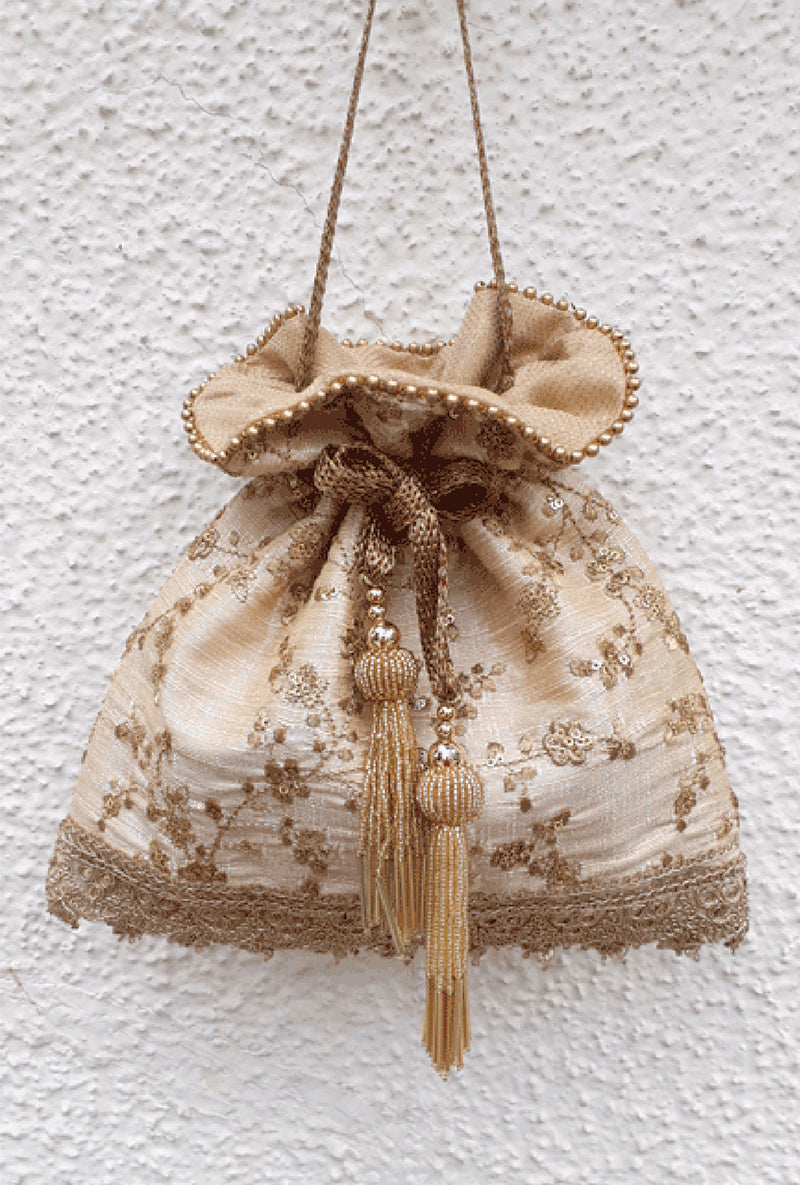Beige Alia Silk Embroidered Potli Bag