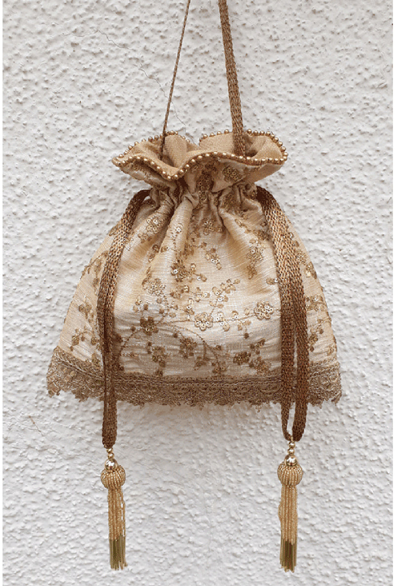 Beige Alia Silk Embroidered Potli Bag