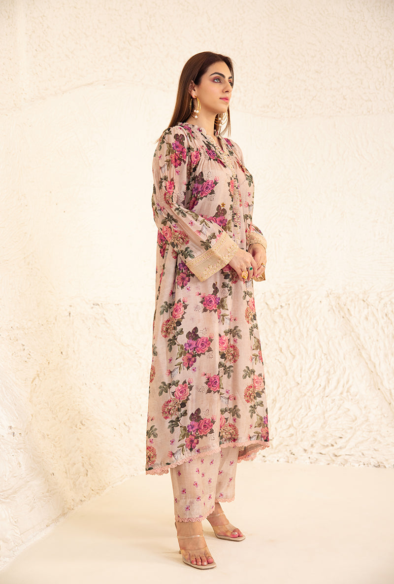 Beige Floral Rose Frill Izra Kurta Set