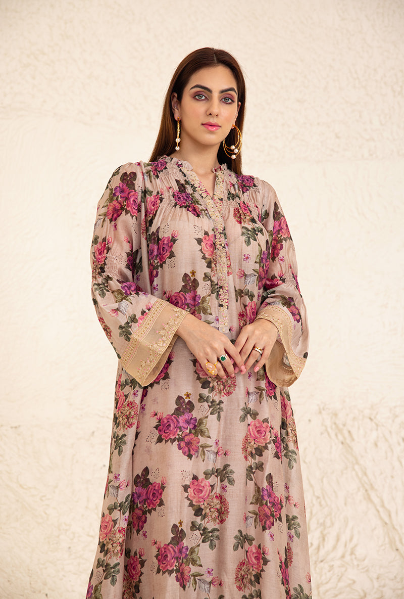 Beige Floral Rose Frill Izra Kurta Set