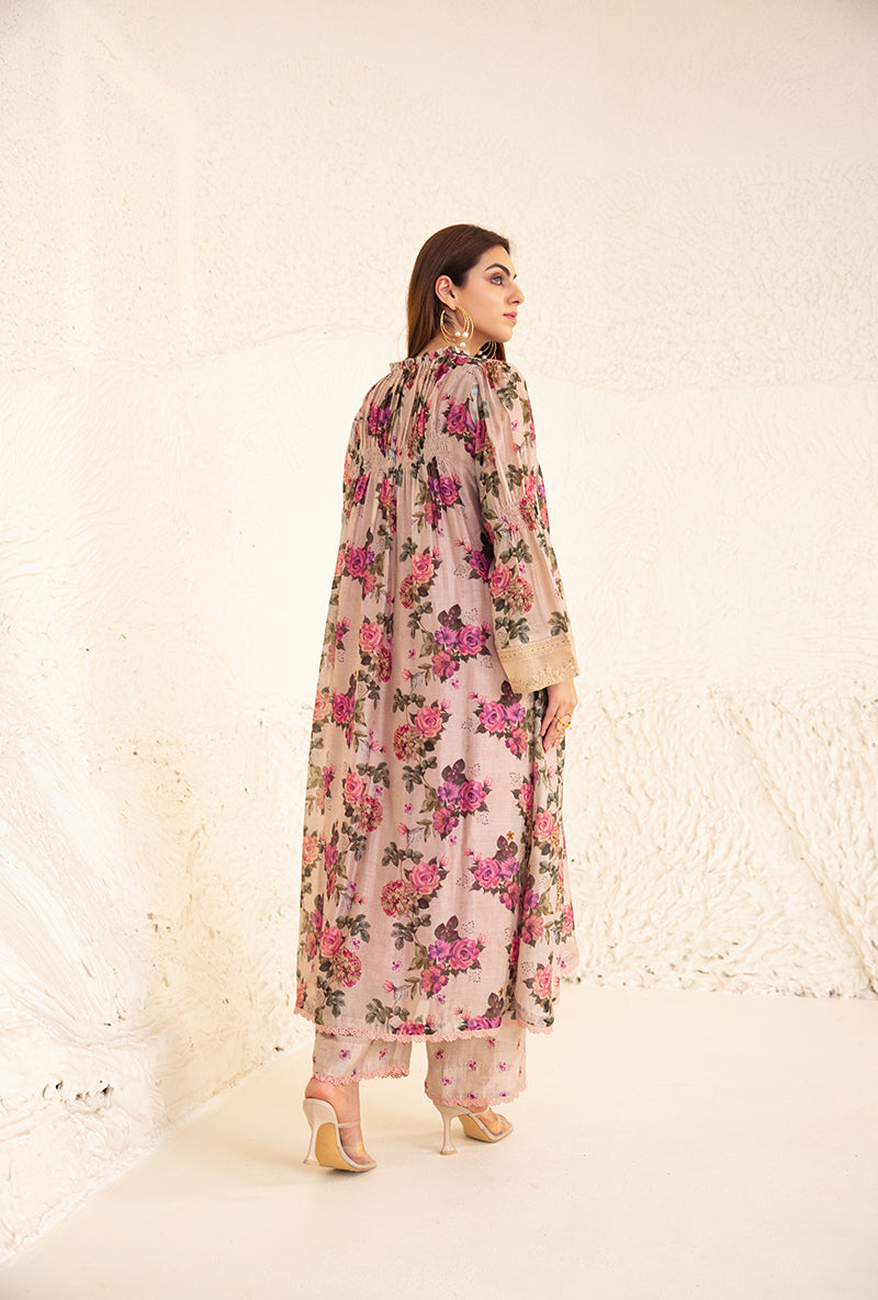 Beige Floral Rose Frill Izra Kurta Set