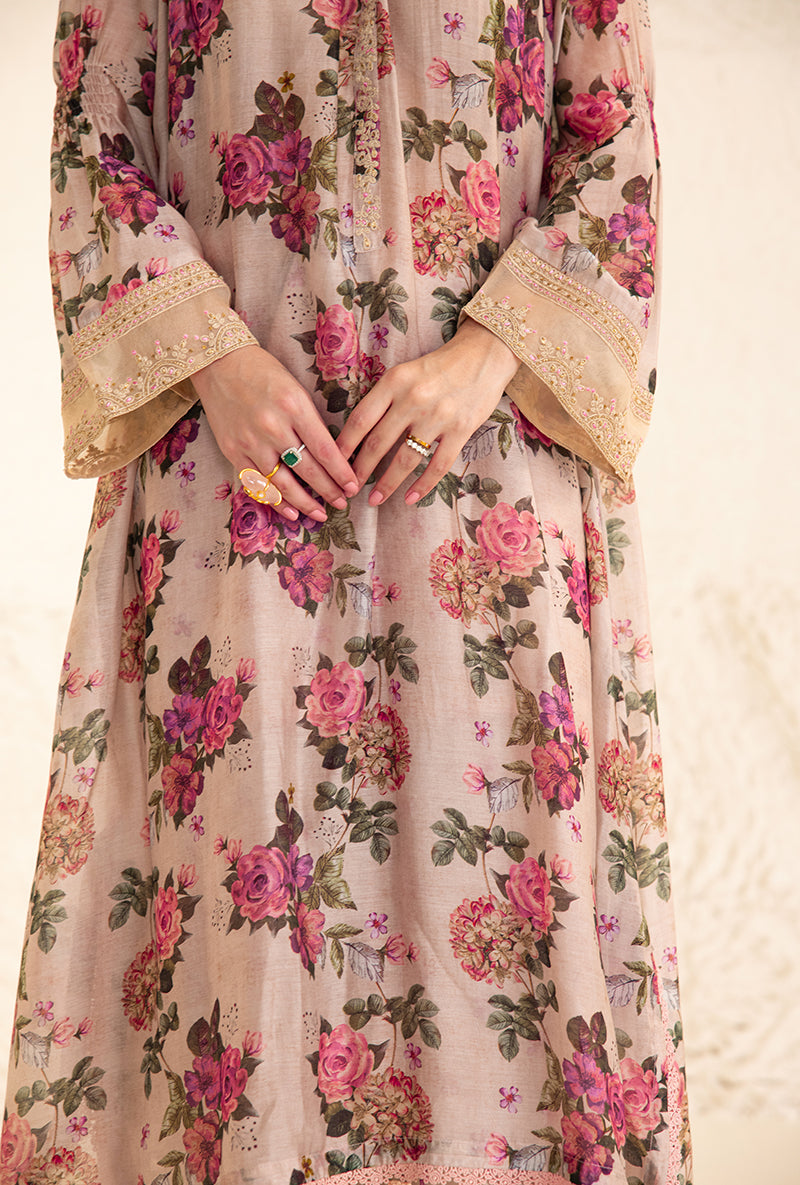 Beige Floral Rose Frill Izra Kurta Set