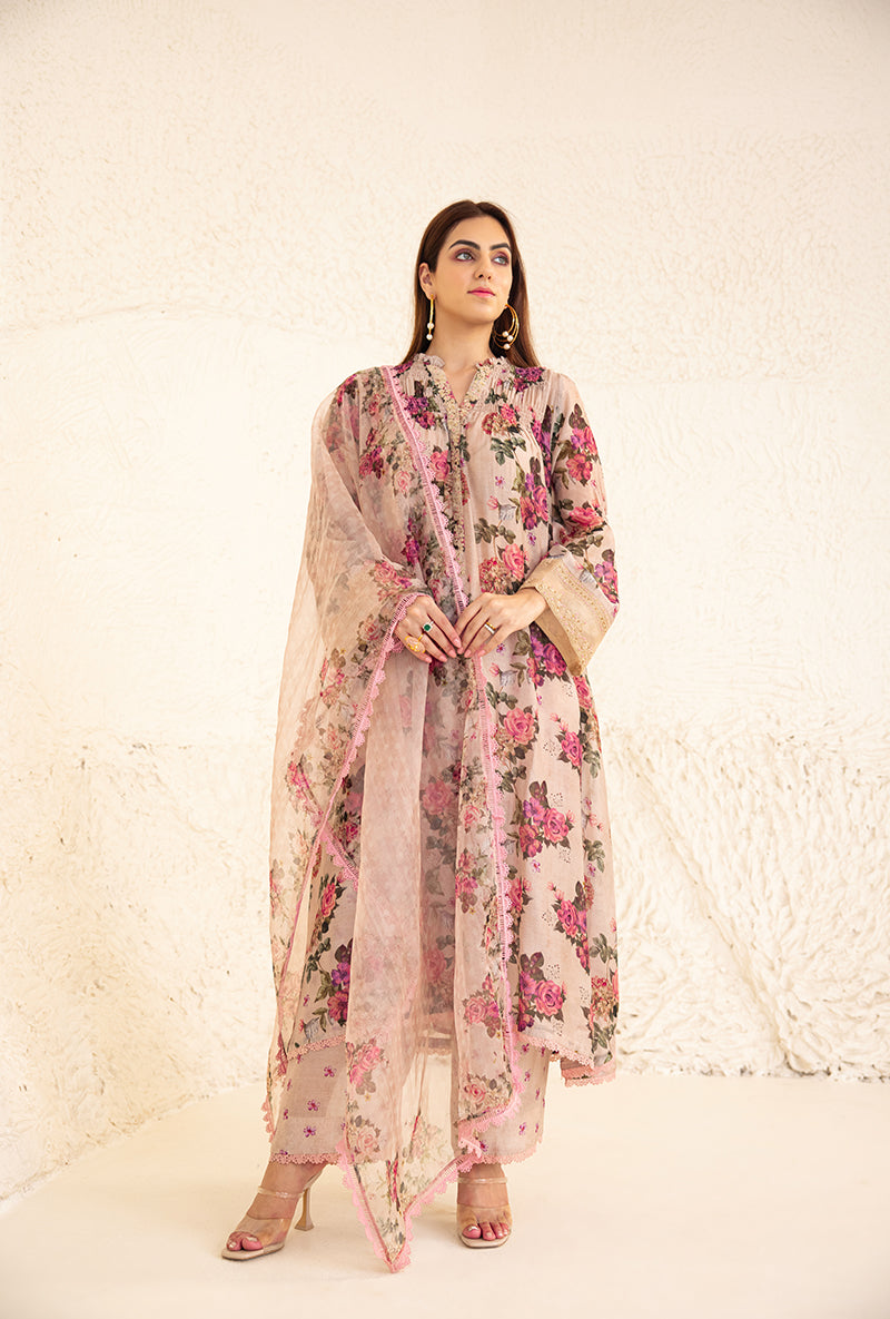 Beige Floral Rose Frill Izra Kurta Set