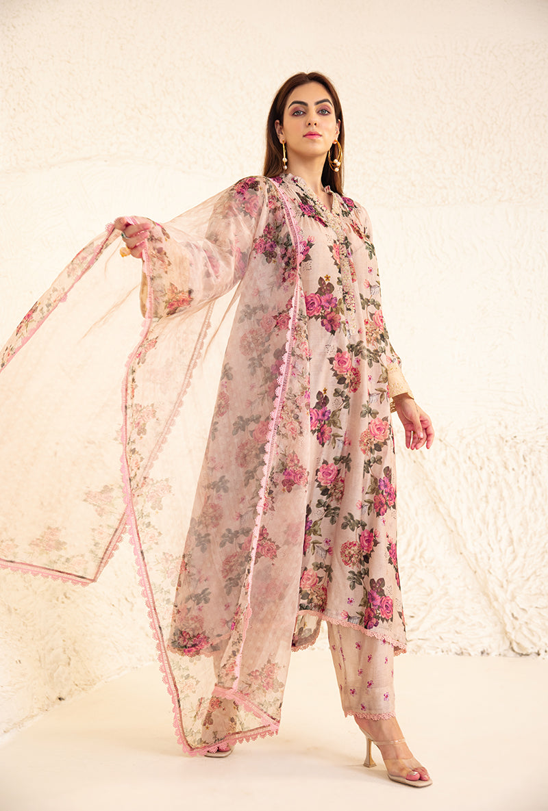Beige Floral Rose Frill Izra Kurta Set