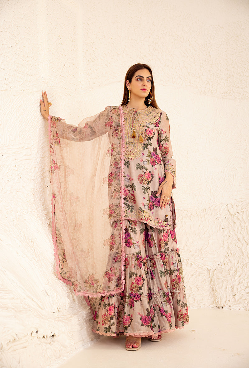 Beige Floral Rose Print Izra Gharara Set