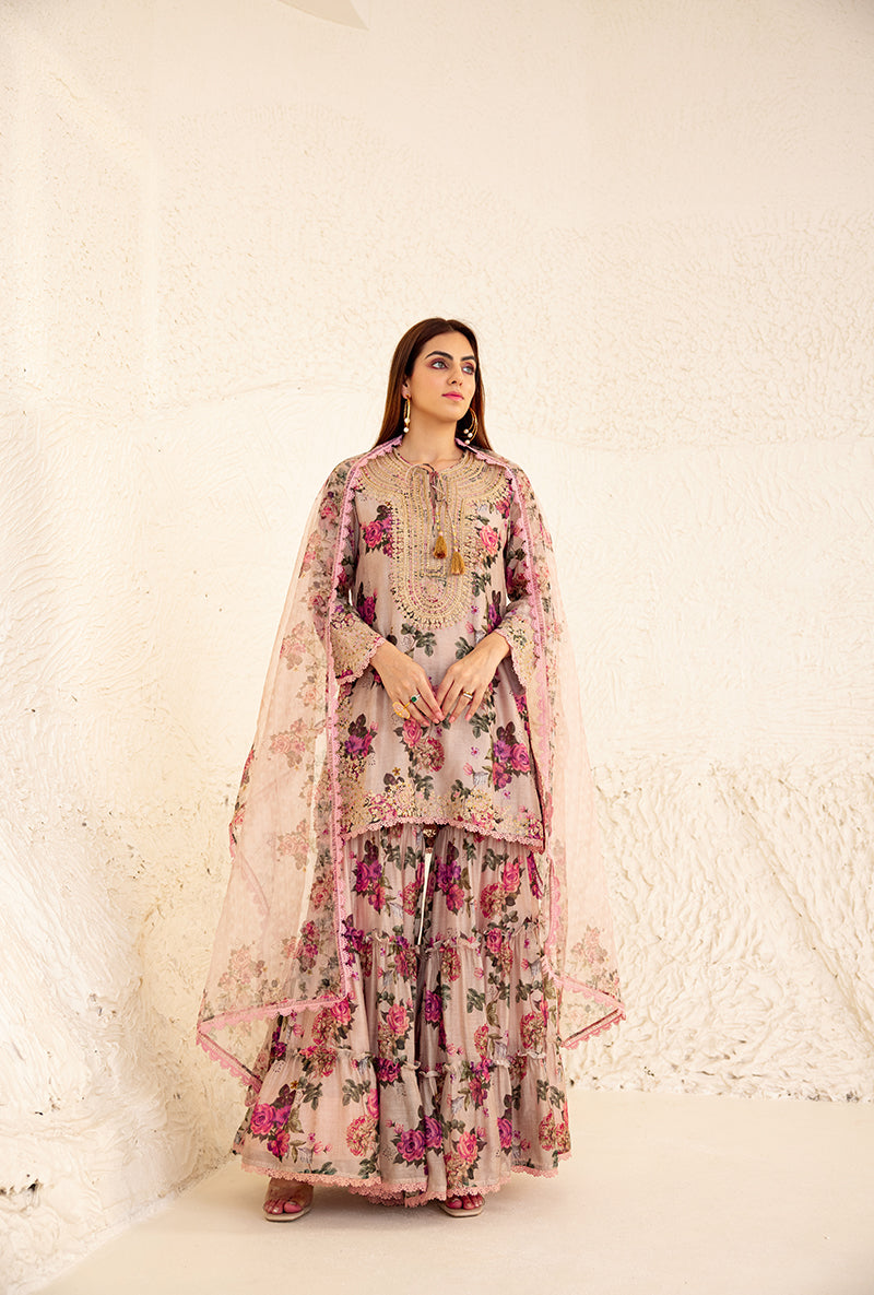 Beige Floral Rose Print Izra Gharara Set