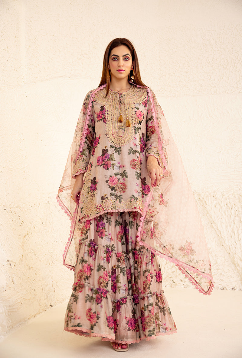 Beige Floral Rose Print Izra Gharara Set