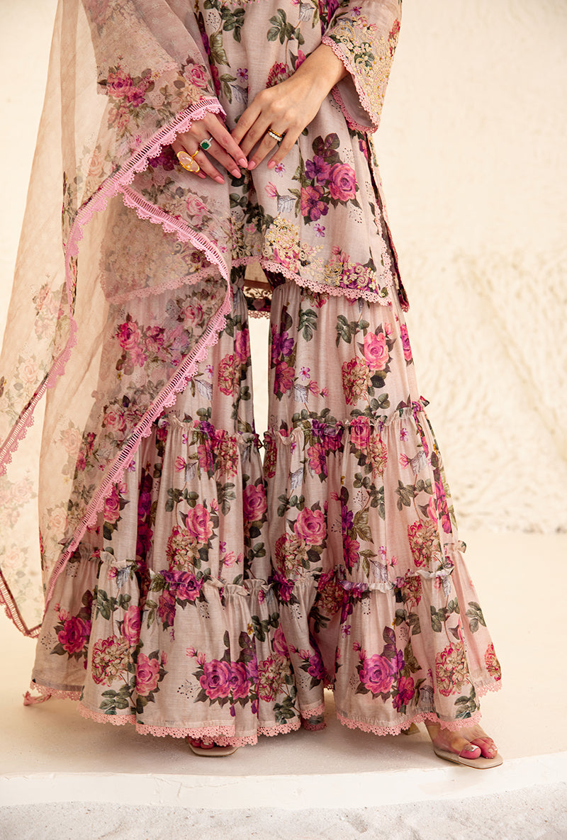 Beige Floral Rose Print Izra Gharara Set