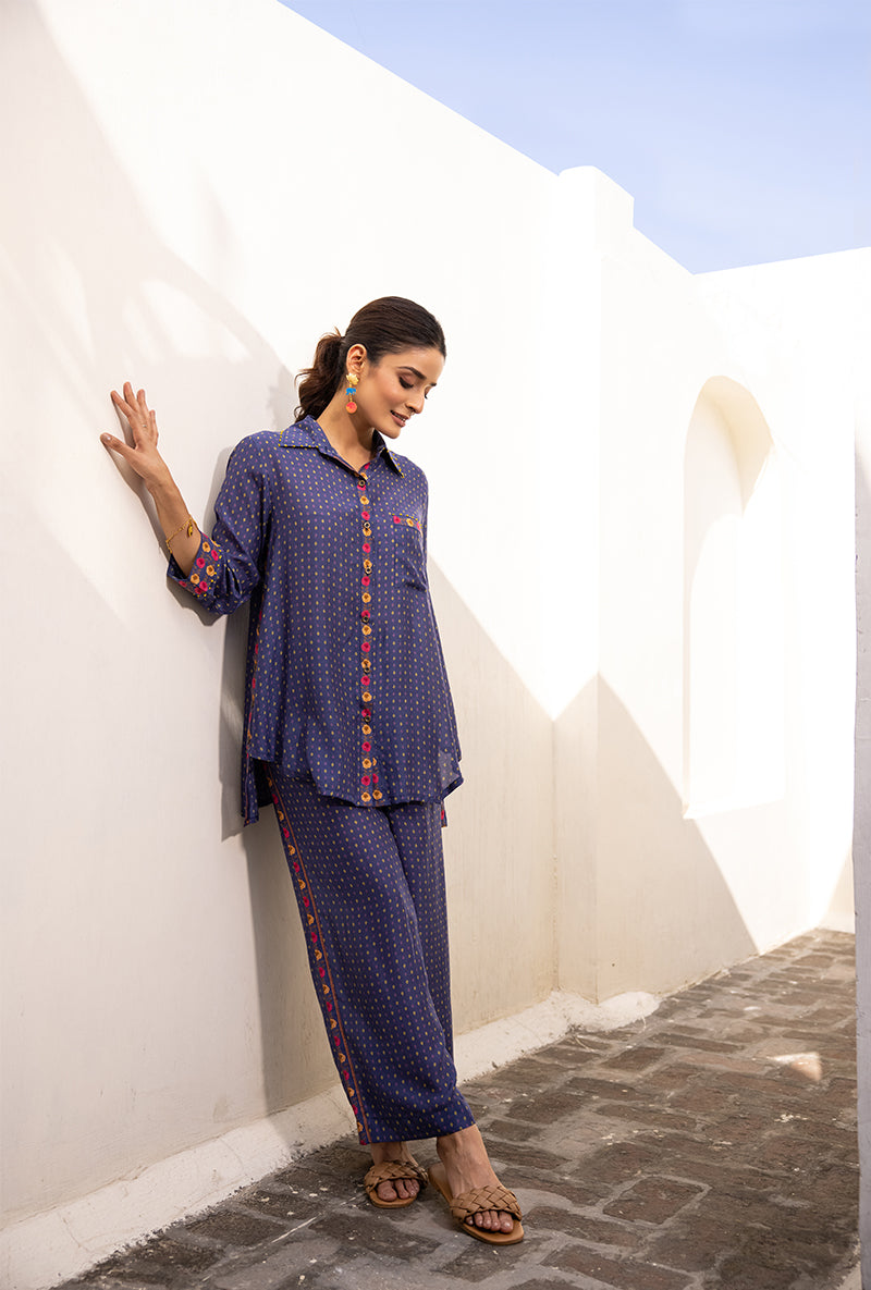 Blue Side Button Sufia Co-ord Set