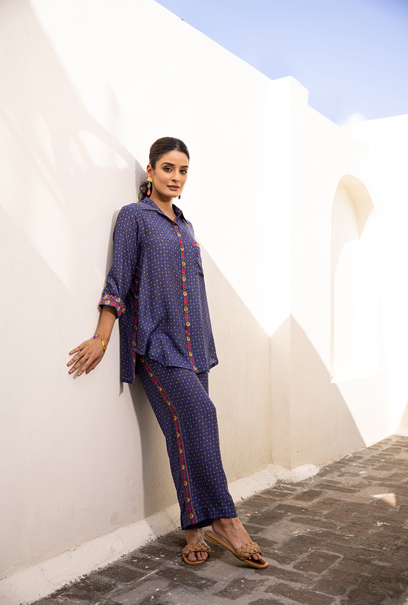 Blue Side Button Sufia Co-ord Set
