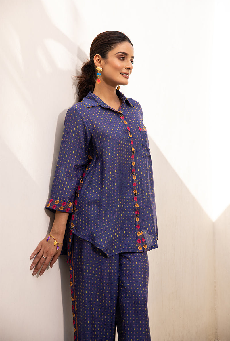 Blue Side Button Sufia Co-ord Set