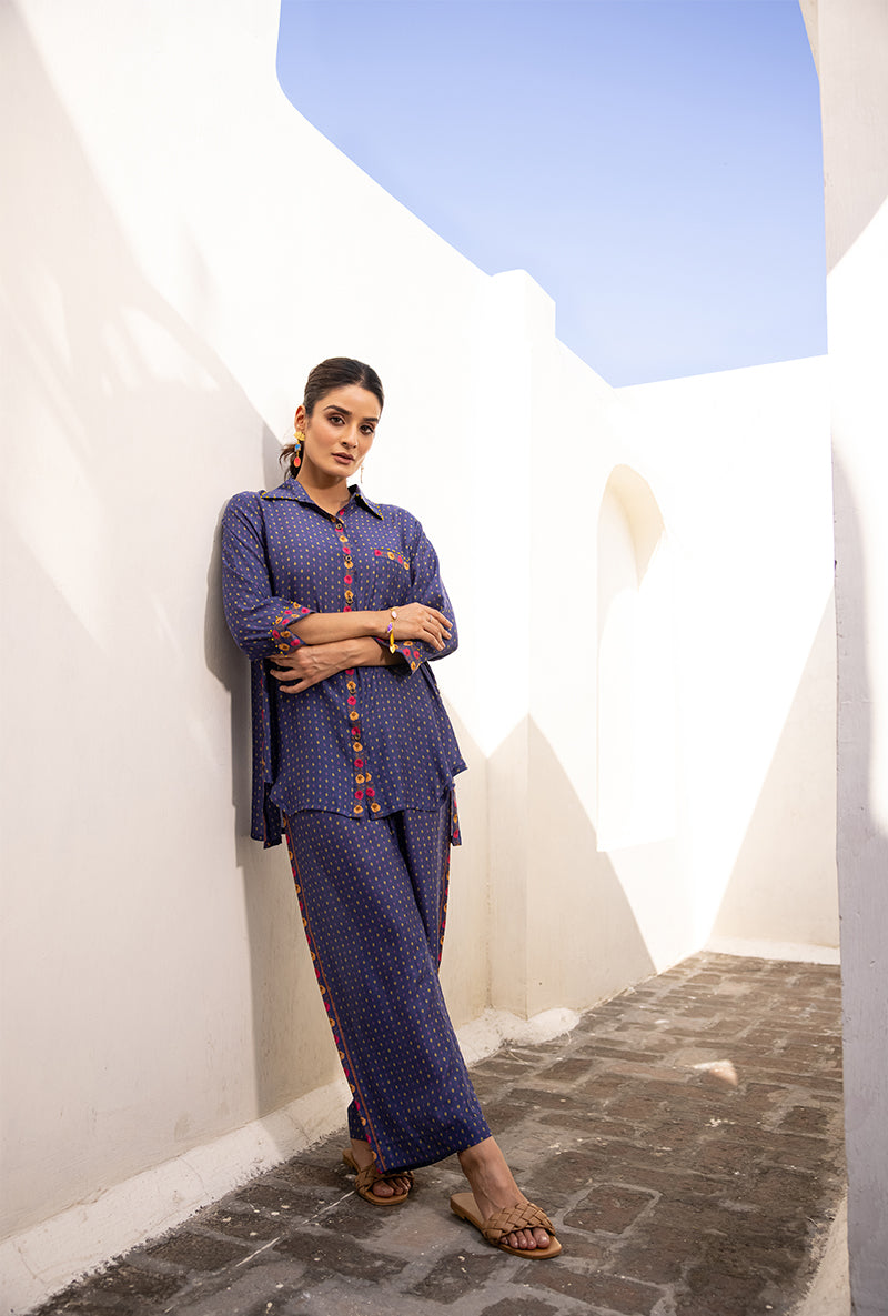 Blue Side Button Sufia Co-ord Set