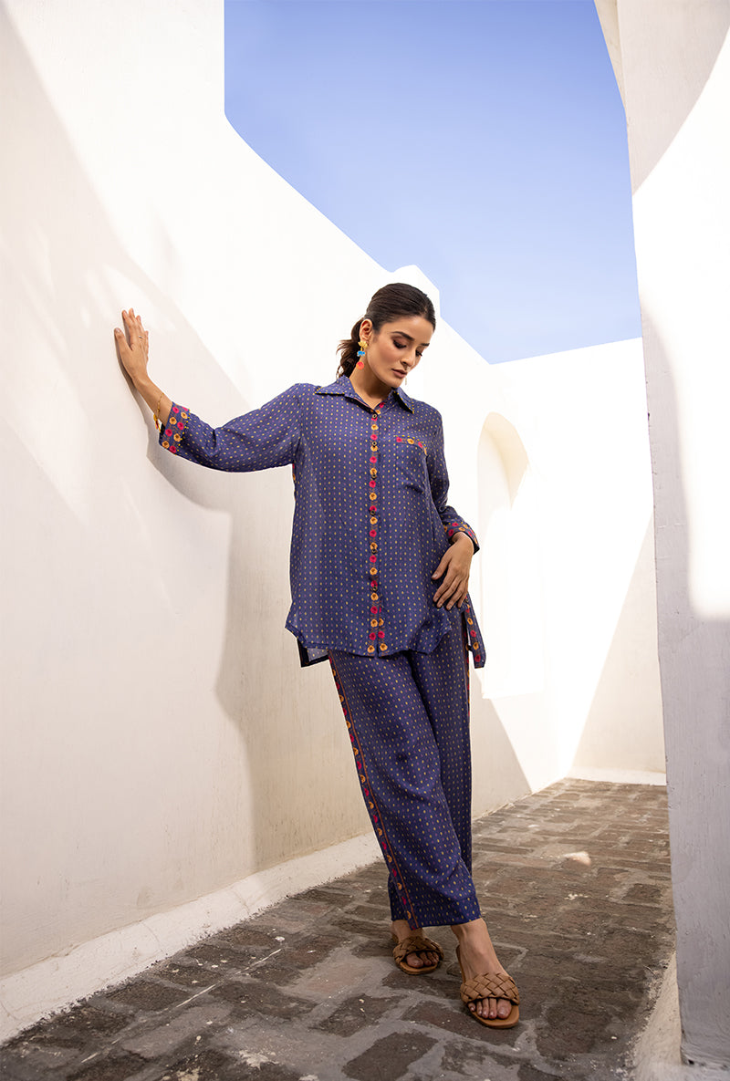 Blue Side Button Sufia Co-ord Set