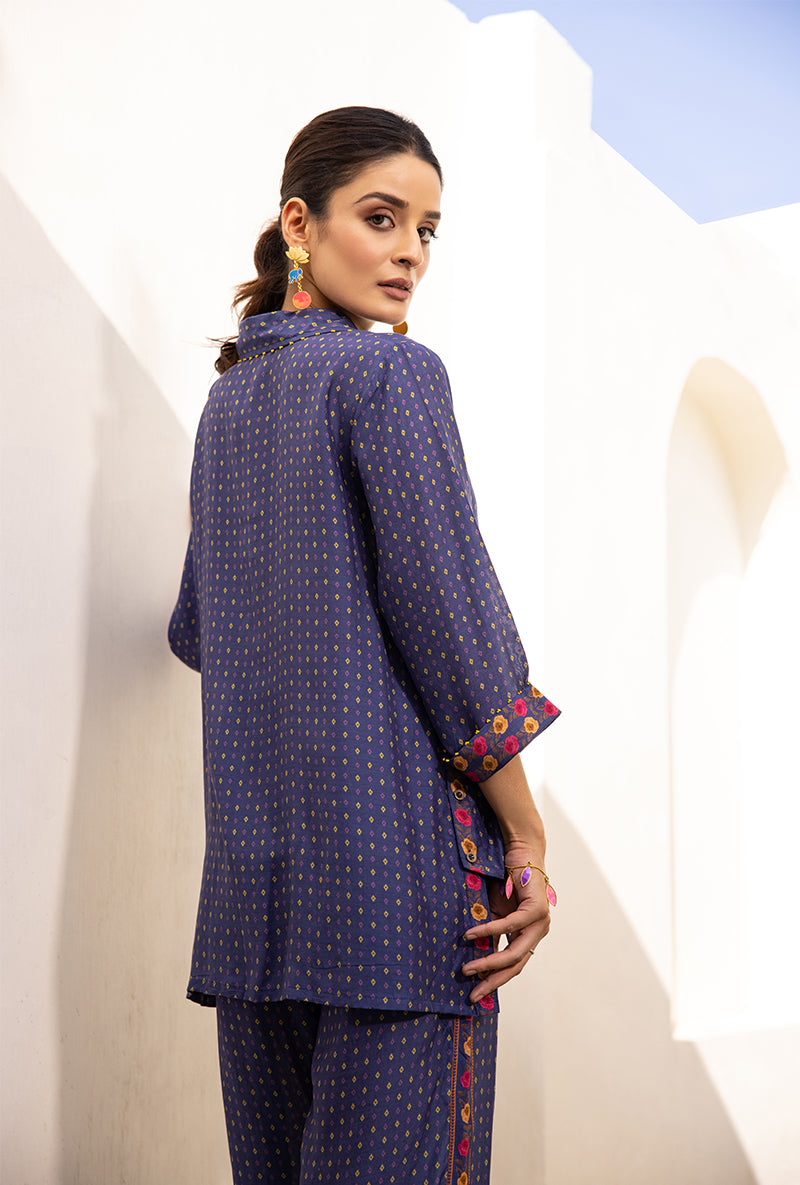 Blue Side Button Sufia Co-ord Set