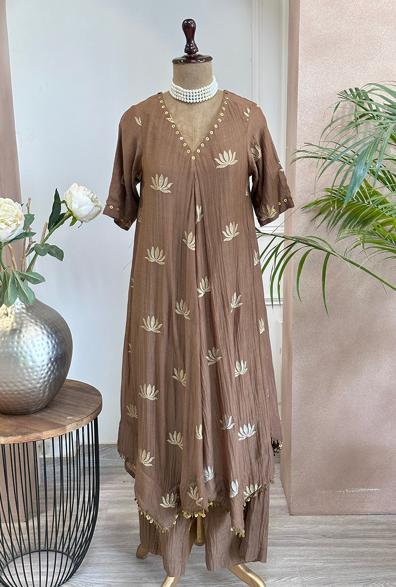 Brown Lotus Asymmetrical Kurta Set