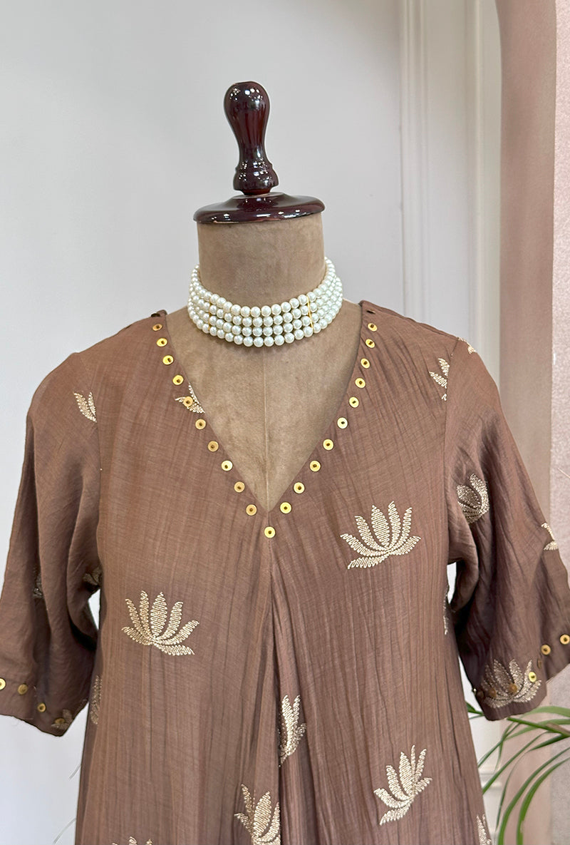 Brown Lotus Asymmetrical Kurta Set