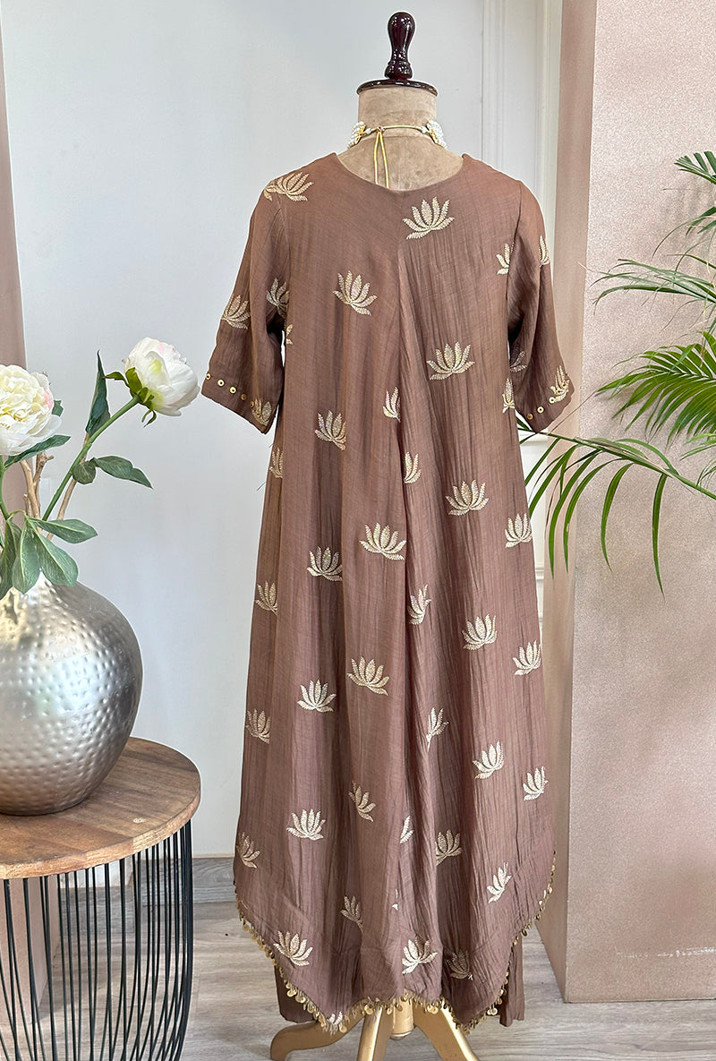 Brown Lotus Asymmetrical Kurta Set