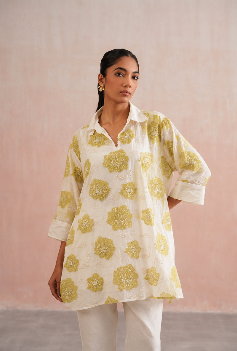 Lime Green Applique And Pearl Embroidered Oversized Prisha Co-ord Set