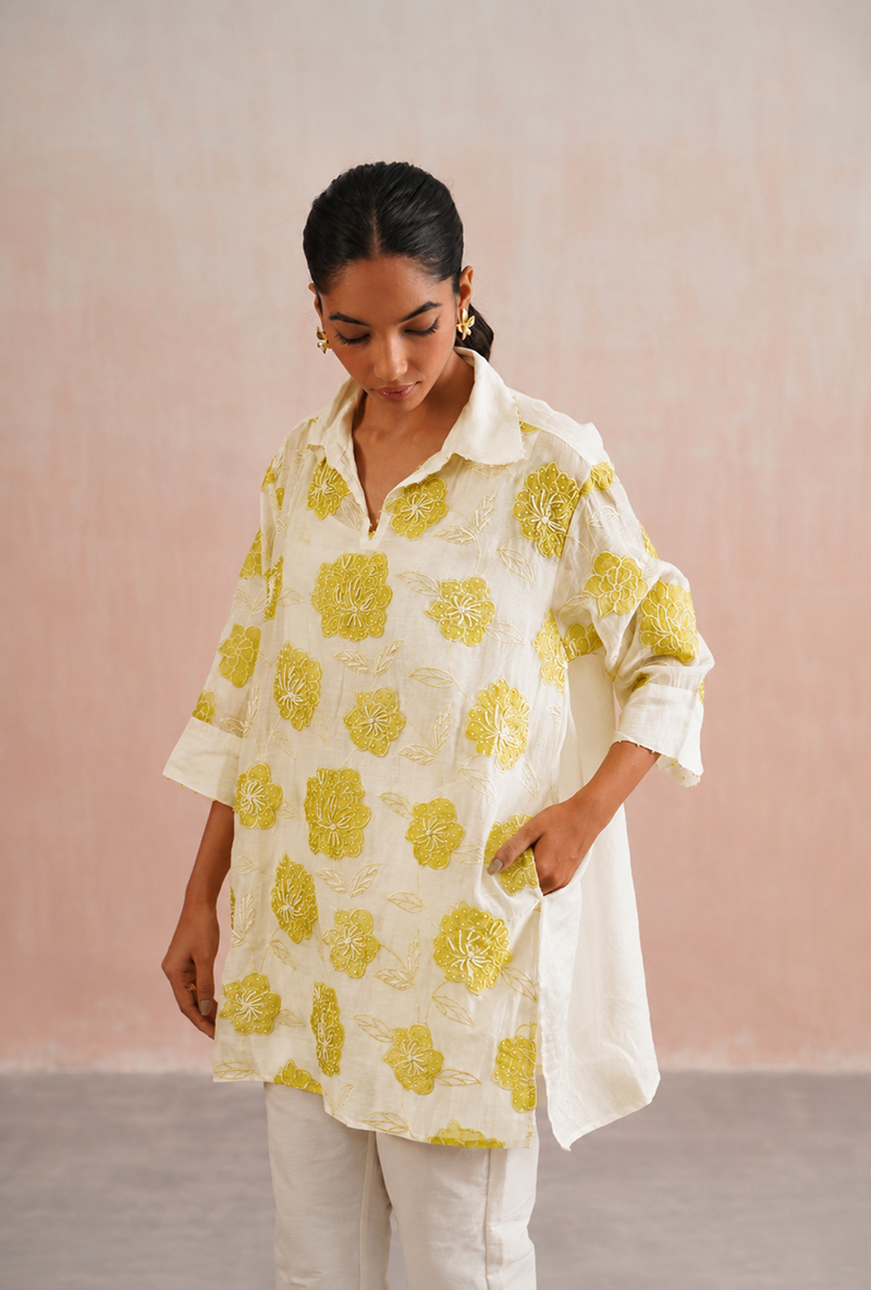 Lime Green Applique And Pearl Embroidered Oversized Prisha Co-ord Set