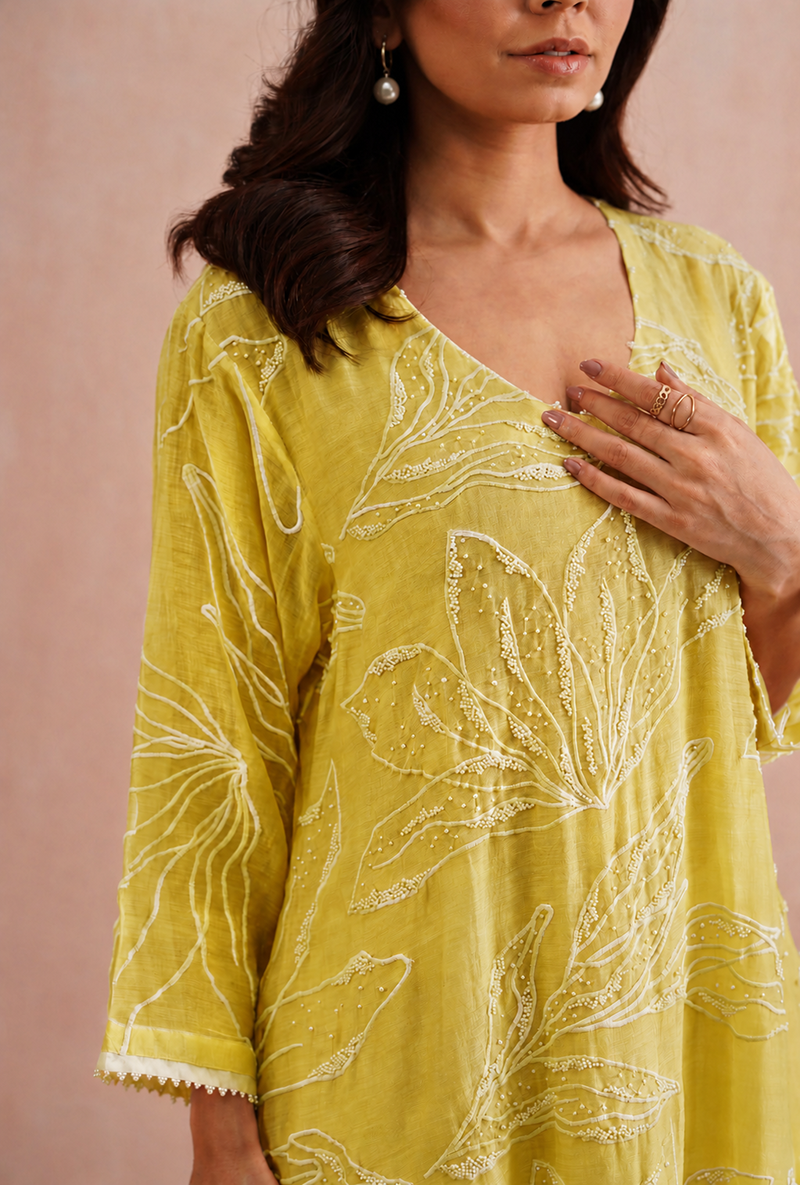 Lemon Yellow Pearl Embroidered Prisha Kurta Set