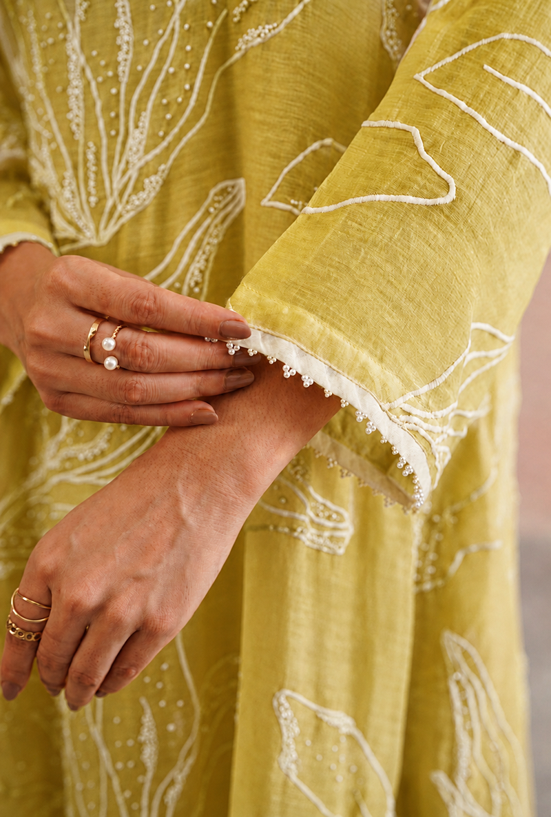 Lemon Yellow Pearl Embroidered Prisha Kurta Set