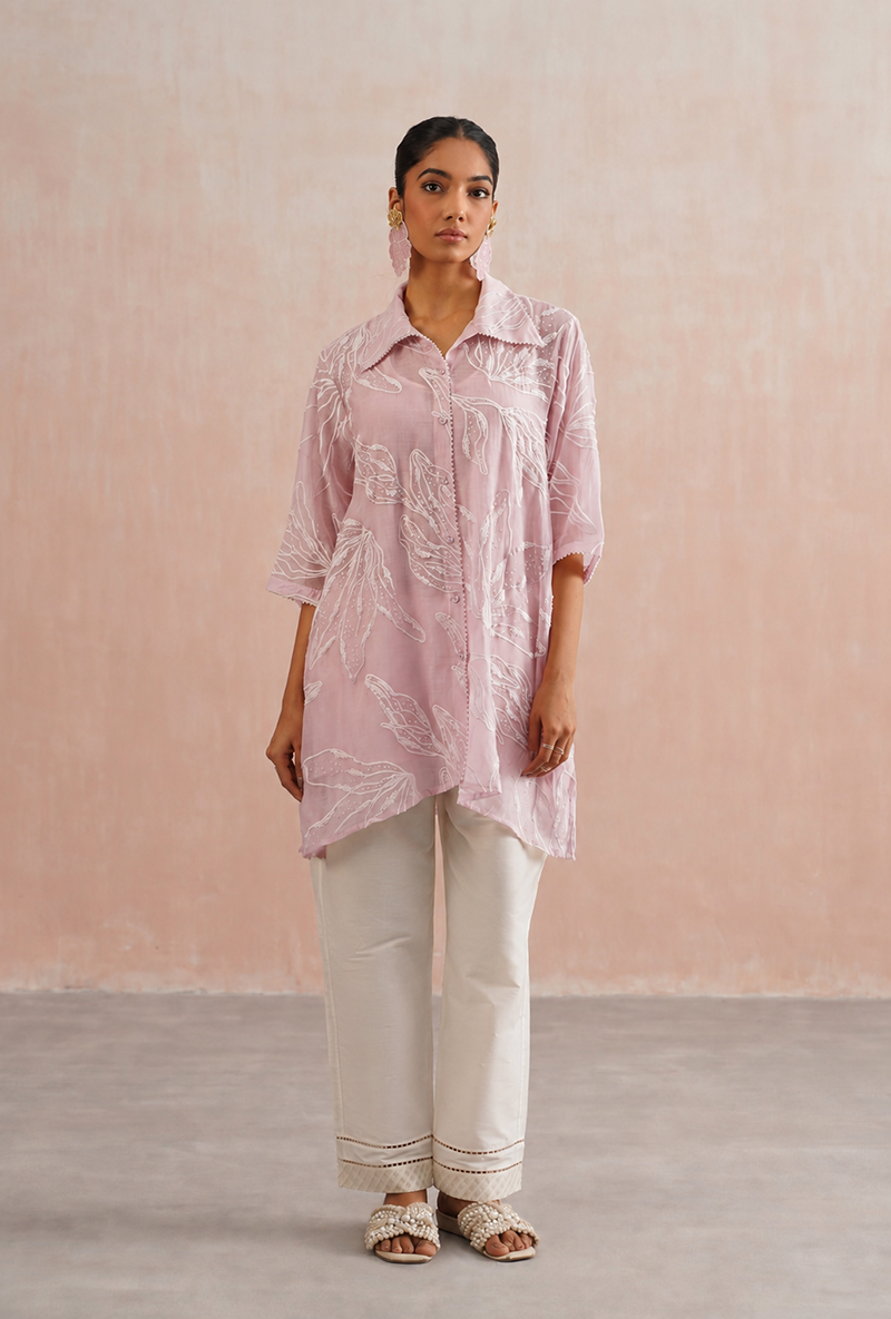 Rose Pink Pearl Embroidered Shirt Prisha Co-ord Set