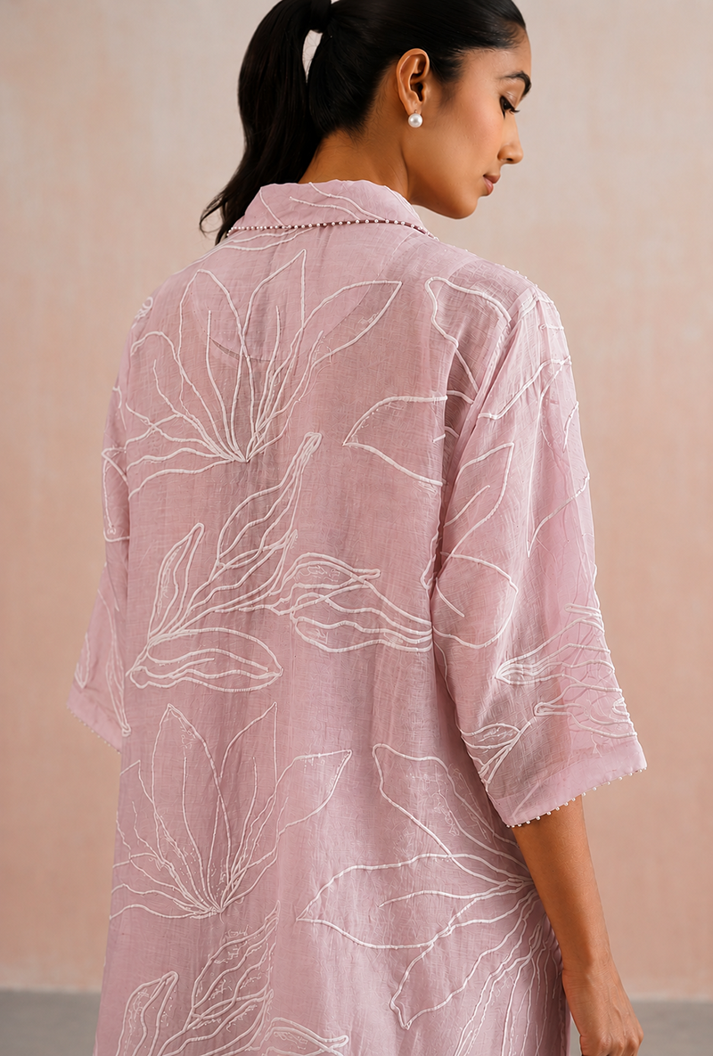 Rose Pink Pearl Embroidered Shirt Prisha Co-ord Set