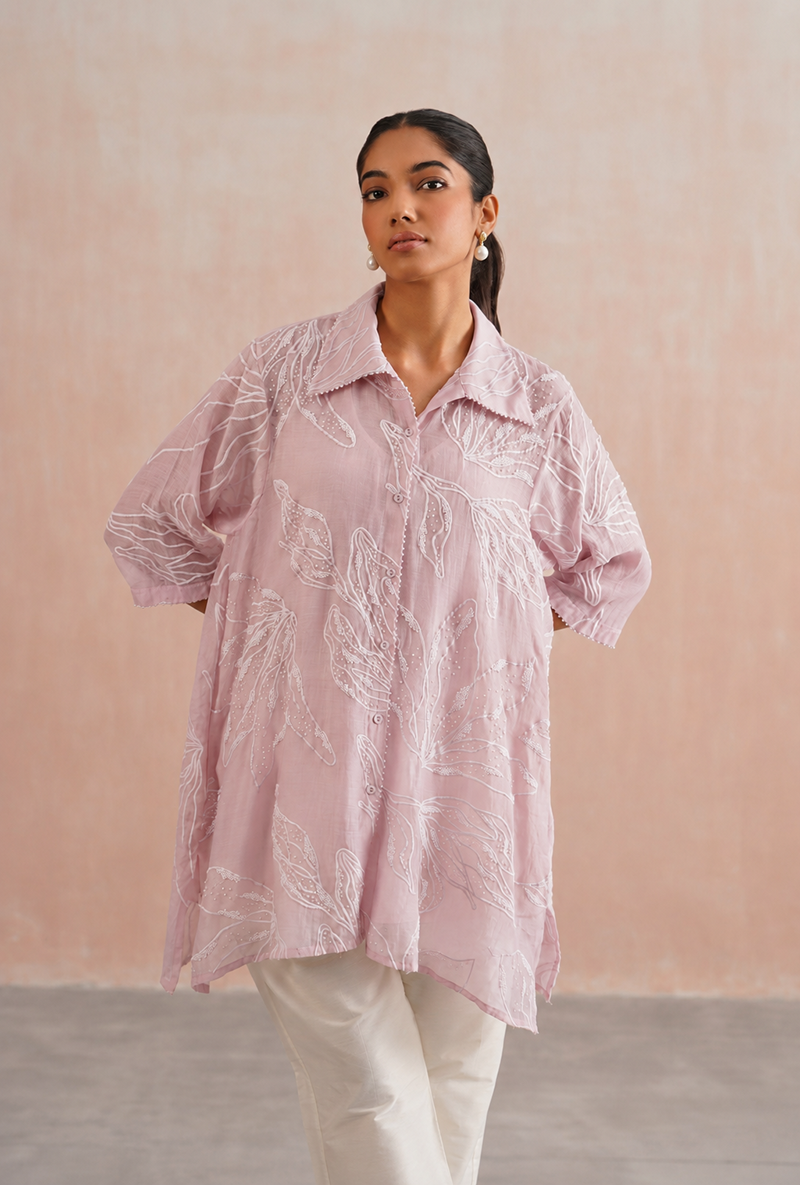 Rose Pink Pearl Embroidered Shirt Prisha Co-ord Set