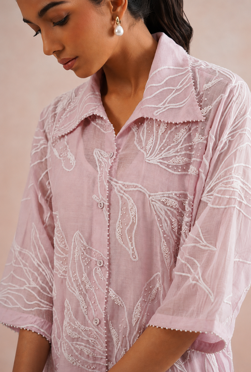 Rose Pink Pearl Embroidered Shirt Prisha Co-ord Set