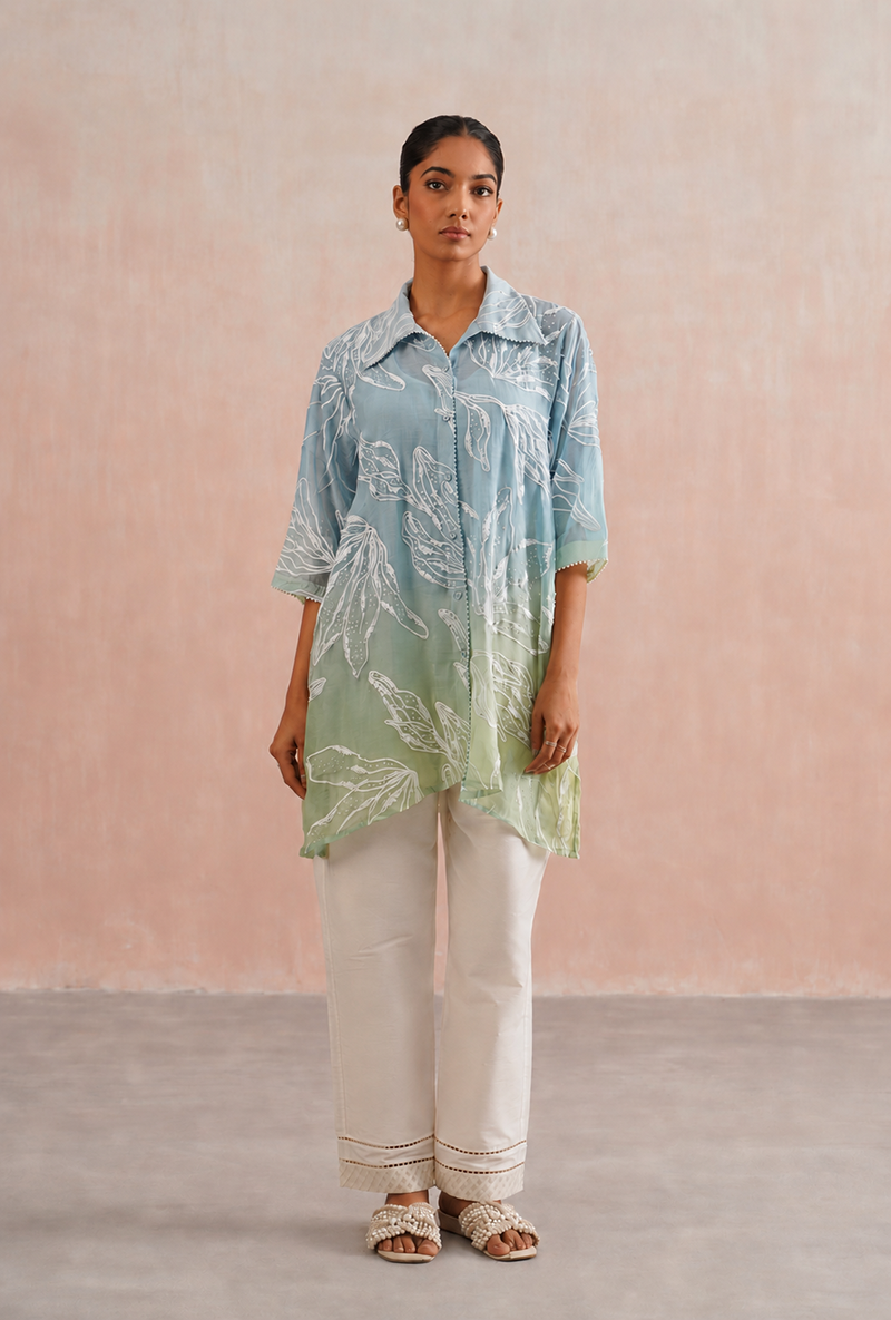 Blue Pearl Embroidered Ombre Shirt Prisha Co-ord Set
