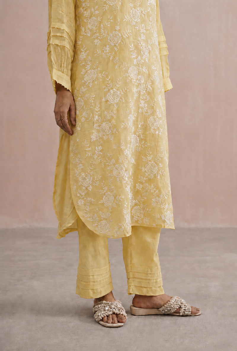 Lemon Yellow Pearl Embroidered Long Prisha Kurta Set