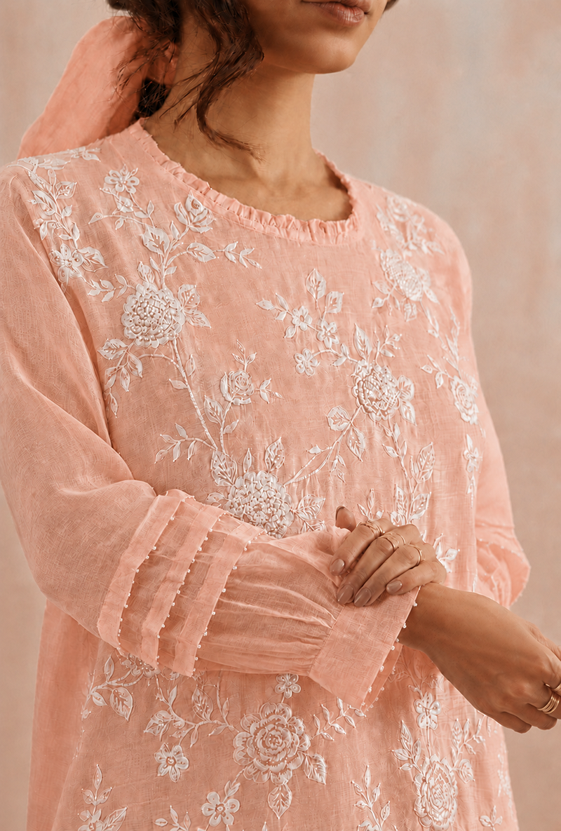 Peach  Pearl Embroidered Long Prisha Kurta Set