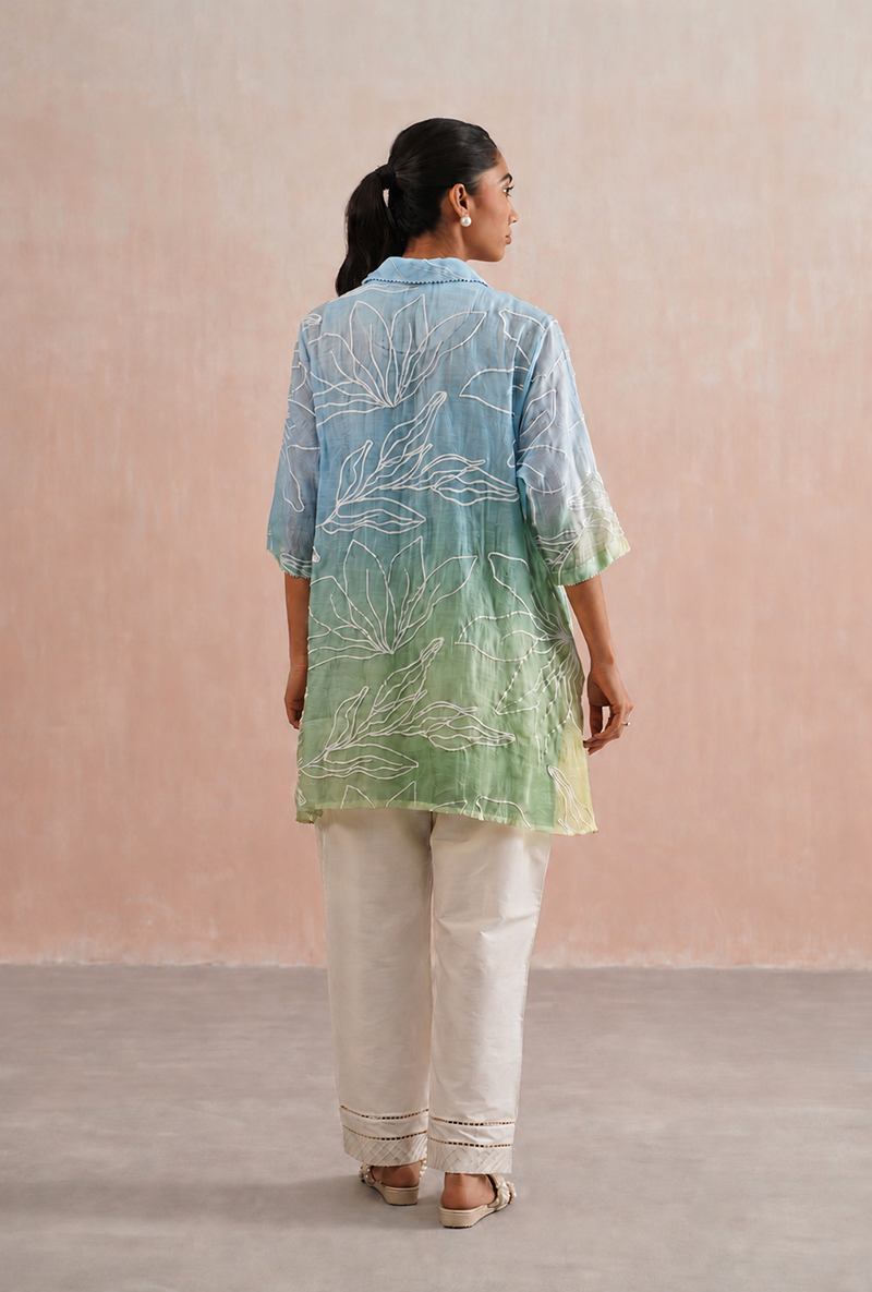 Blue Pearl Embroidered Ombre Shirt Prisha Co-ord Set