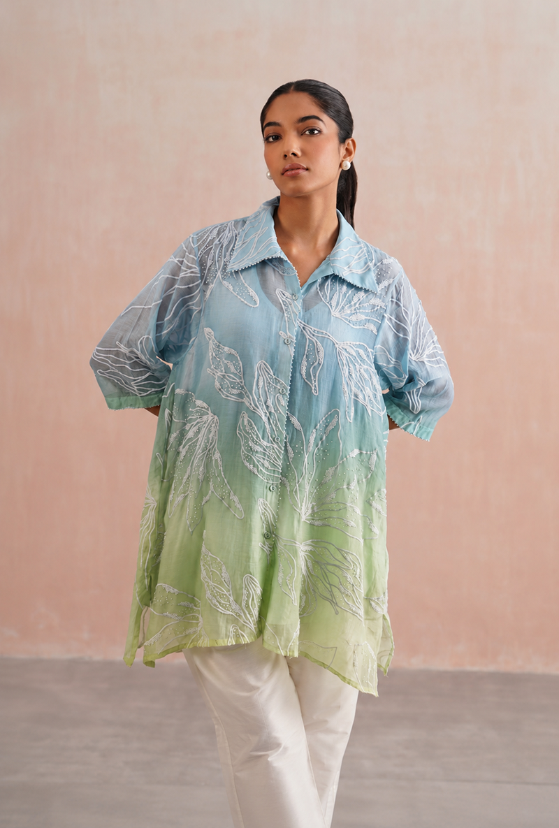 Blue Pearl Embroidered Ombre Shirt Prisha Co-ord Set
