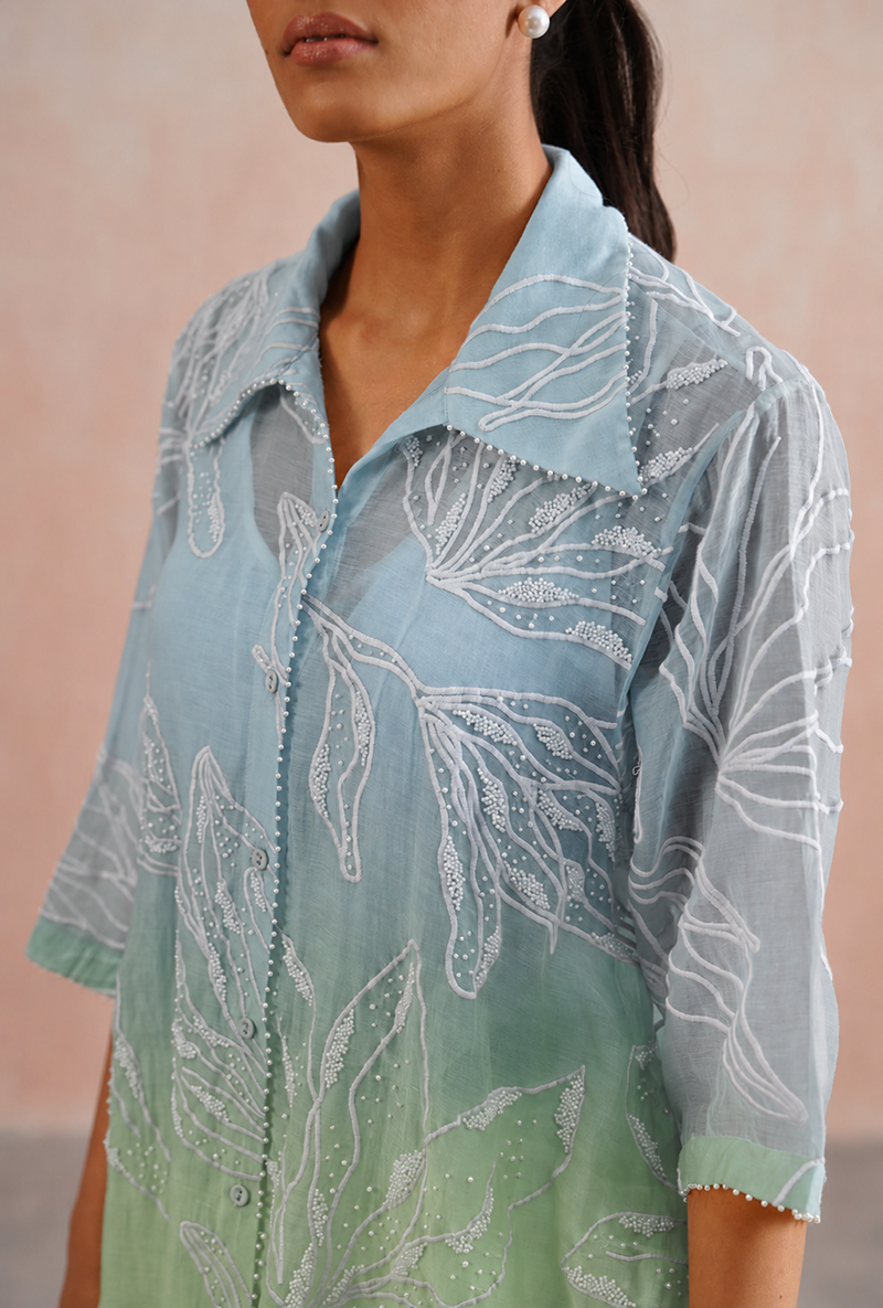 Blue Pearl Embroidered Ombre Shirt Prisha Co-ord Set