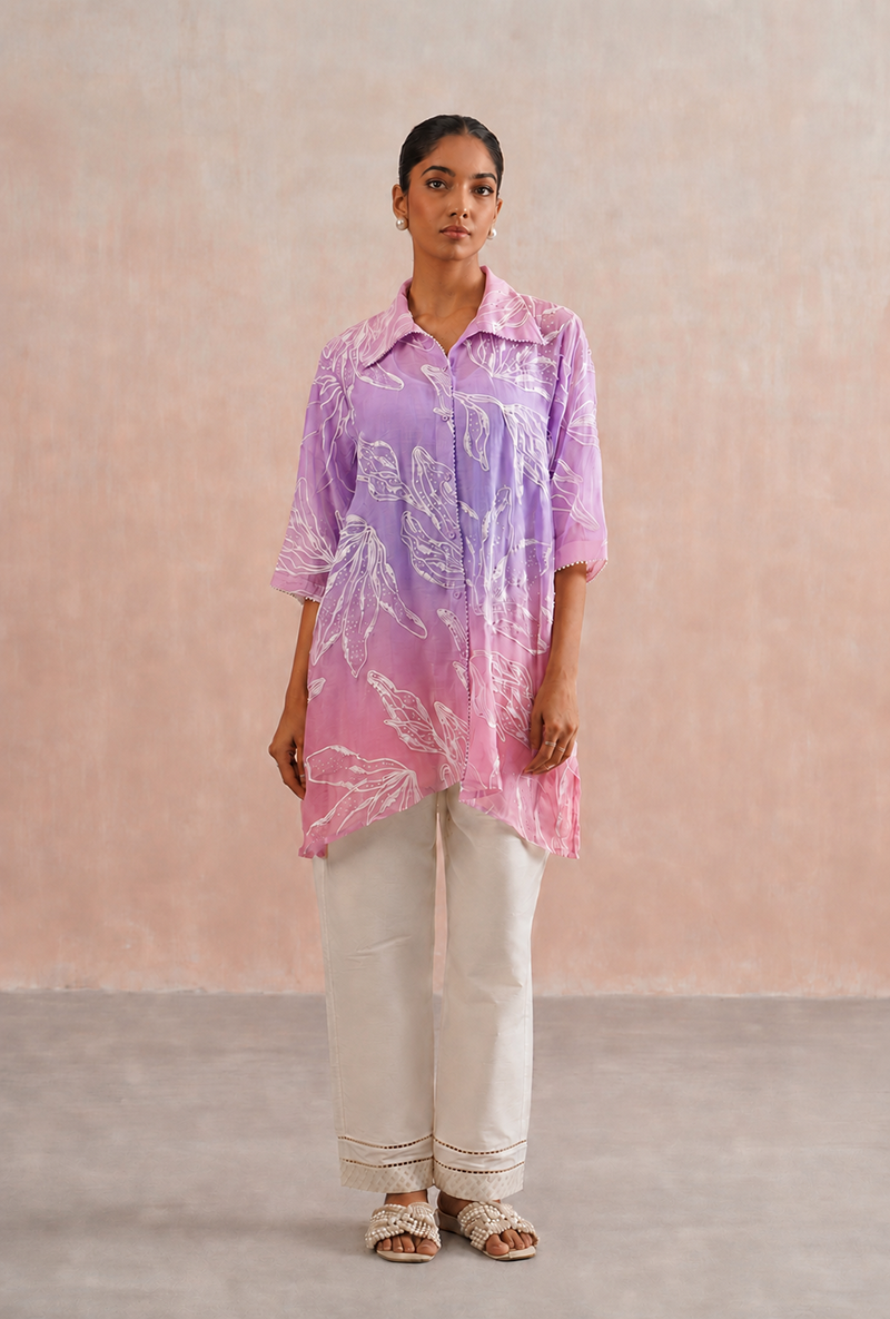 Pink Pearl Embroidered Ombre Shirt Prisha Co-ord Set