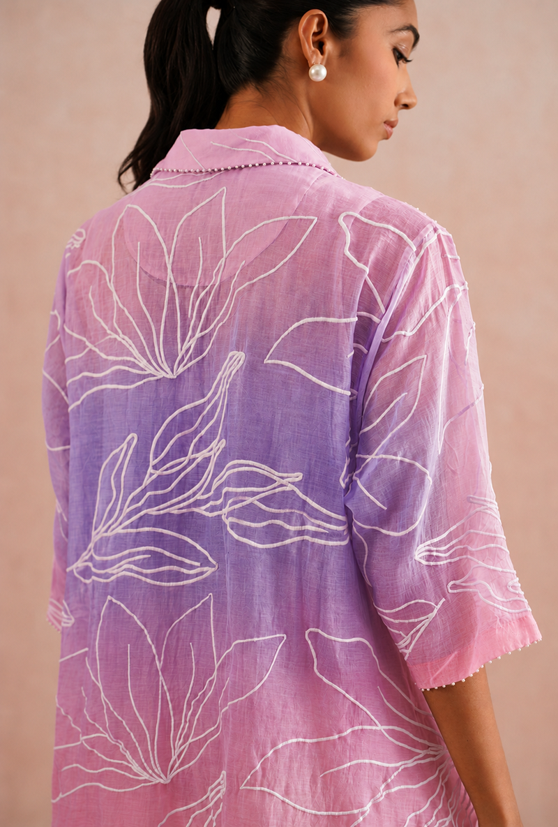 Pink Pearl Embroidered Ombre Shirt Prisha Co-ord Set