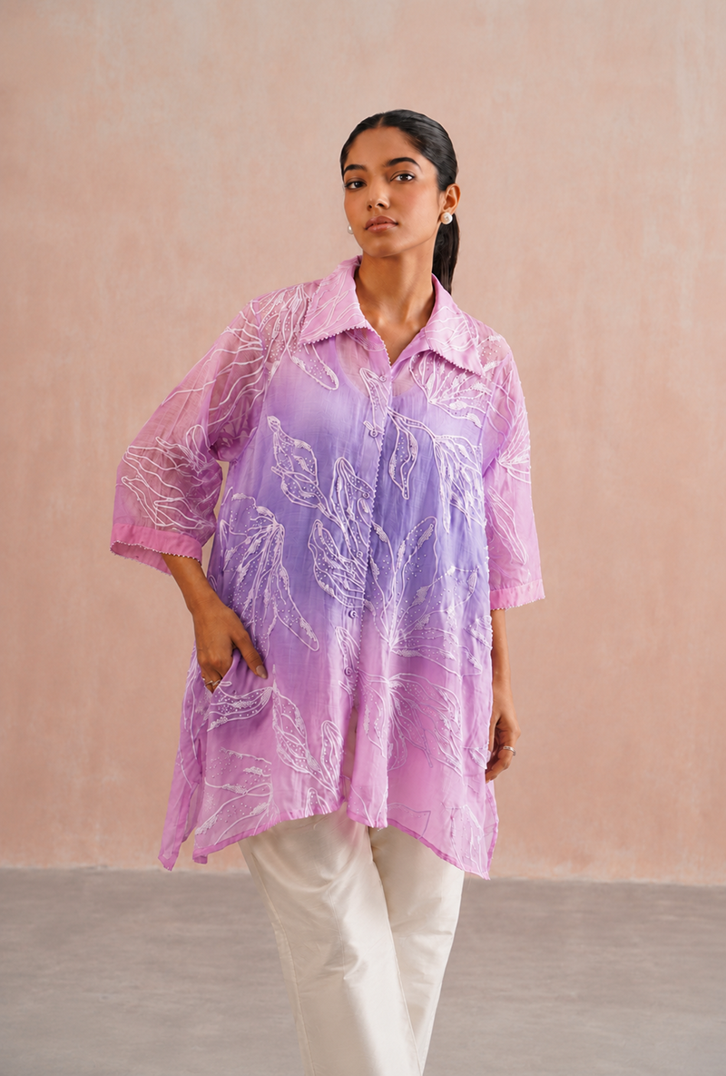 Pink Pearl Embroidered Ombre Shirt Prisha Co-ord Set