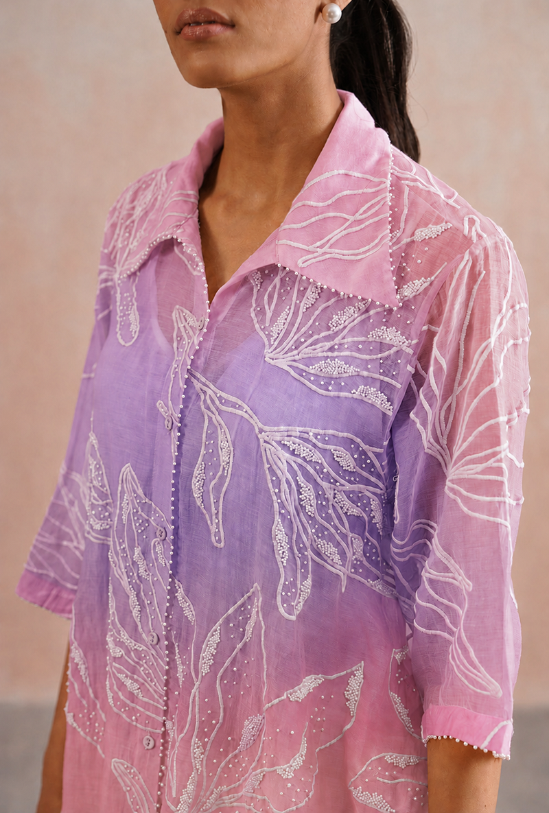 Pink Pearl Embroidered Ombre Shirt Prisha Co-ord Set
