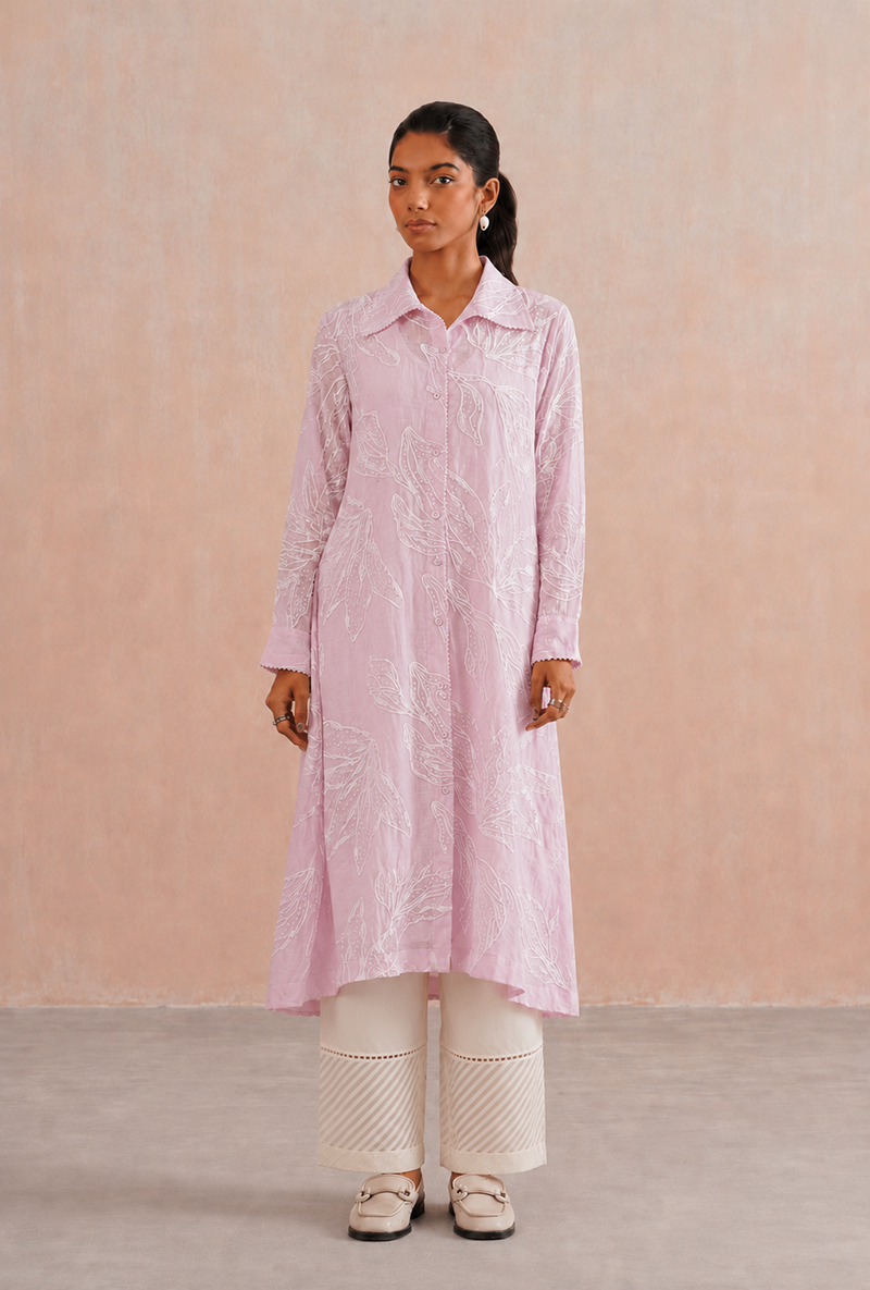 Rose Pink Pearl Embroidered Shirt Style Prisha Kurta Set
