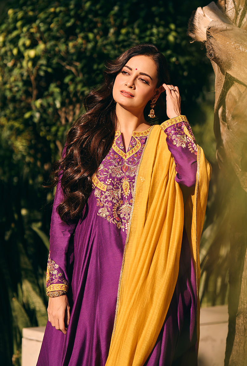 Dia Mirza In Purple Mughal Yoke Masakali Kurta Set