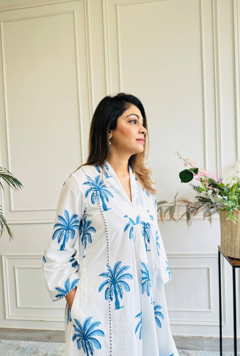 Meghna Nayyar In White Palm Tree Print Marigold Kurta Set