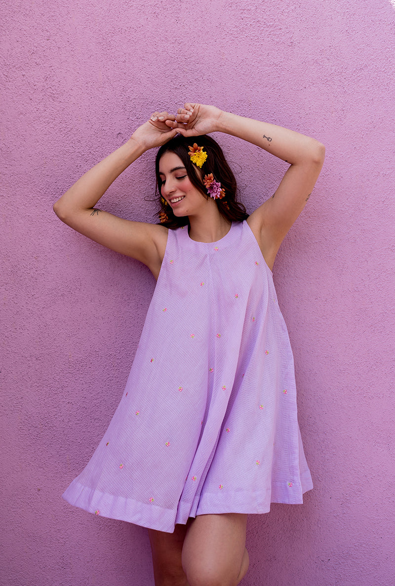 Lavender Strawberry Embroidery Candy Crush Short Dress
